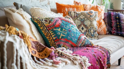 A variety of colorful bohemian-style pillows with intricate patterns laid out on a cozy-looking couch in a well-lit room