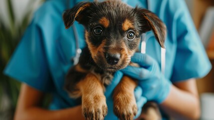 cute puppy held by a veterinarian wearing blue scrubs, highlighting the bond between pets and their caregivers. The scene is warm and caring, showcasing veterinary care