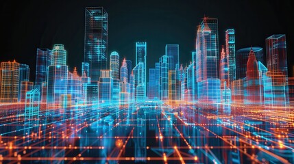 Obraz premium A digital rendering of a futuristic city skyline, with buildings rendered in glowing blue and orange lines.