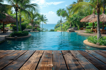 Fototapeta premium tropical background with a wooden table top for product display presentation, a luxurious swimming pool and palm trees at an exotic resort hotel.