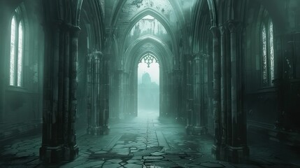 Obraz premium A haunting view of a Gothic cathedral's interior engulfed in mist, with arches and a rose window