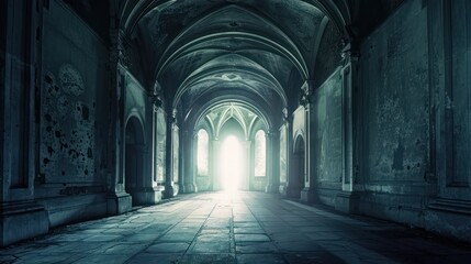 Fototapeta premium An eerie and atmospheric gothic corridor with arches leading to a brightly lit exit, invoking a sense of mystery and the unknown