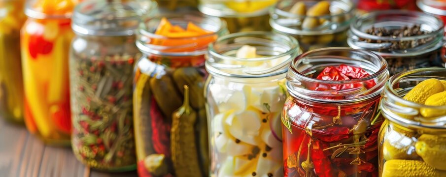 Assortment of colorful pickled vegetables in glass jars - Powered by Adobe