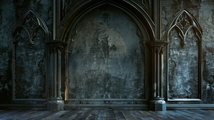 An atmospheric image showing dark Gothic arches within an interior, presumably part of an old structure or design