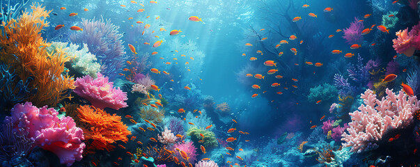 Obraz premium A vibrant coral reef teeming with life, with colorful fish and delicate sea creatures among the coral formations.