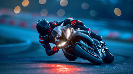 Naklejka premium Motorcycle Racer on Track at Dusk