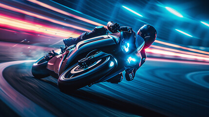 Obraz premium Motorcycle Racer Leaning Into a Turn at High Speed on a Colorful Track