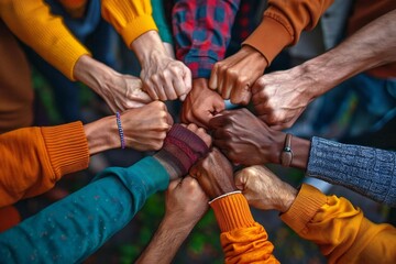Title: Multicultural Team Unites in Fist Huddle for Racial Equality and Inclusion