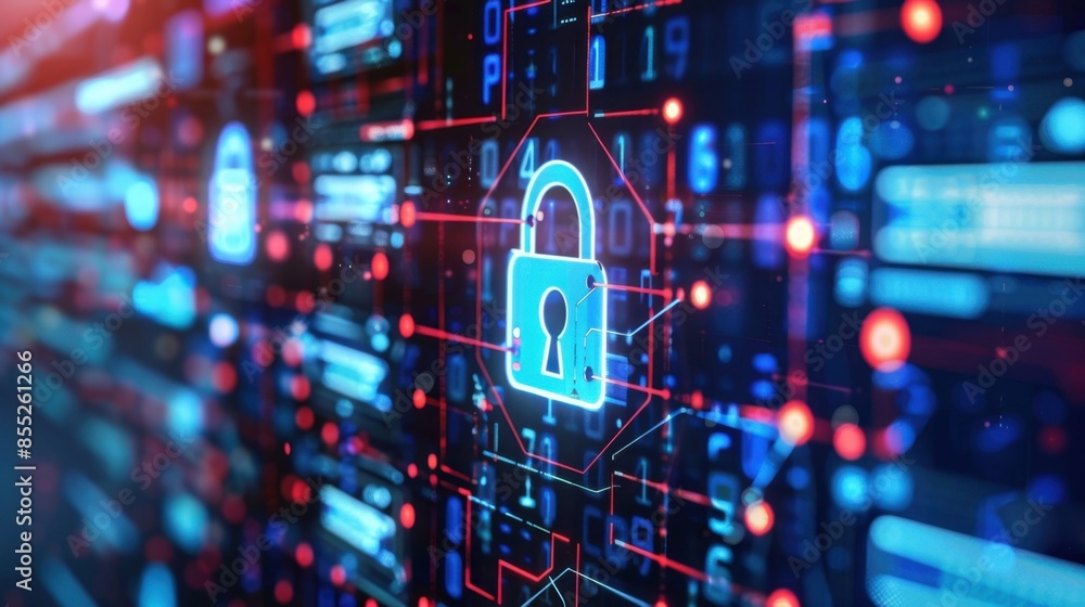 Poster a digital padlock icon glows brightly on a dark background of abstract circuit boards and glowing da