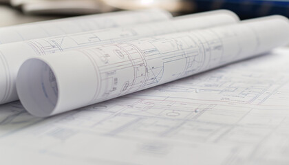 Close-up view of architectural blueprints rolled up on a desk, concept of design and planning