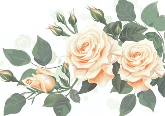 Fototapeta premium Elegant Cream Roses with Green Leaves on White Background.
