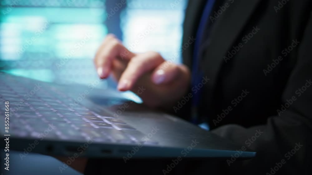 Poster programmer in server hub checking recovery plan on laptop, monitoring energy consumption across main