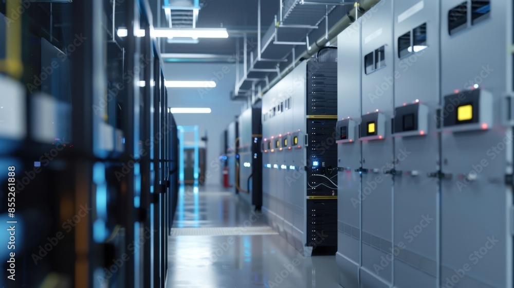Poster A view of a server room with rows of network equipment in a modern data center.