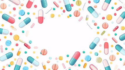 Colorful pattern of pills and capsules, with a central blank space for text, great for pharmacy and medicationrelated content