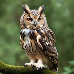 a magnificent Eurasian Eagle Owl standing alert on a branch. 