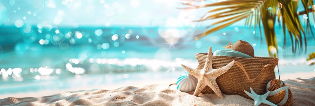 A straw bag with summer accessories sits on the sand of a tropical beach with the ocean in the background. Generative AI