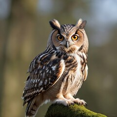 Fototapeta premium a majestic Eurasian Eagle Owl perched on a branch. Its intense gaze and striking plumage are captivating. The lush green background enhances the owl's presence.