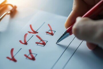 Closeup of a hand checking off items on a to-do list with a red pen.  The image represents accomplishment, organization, and goal setting.