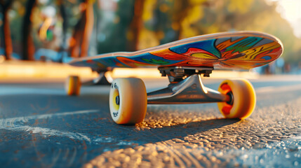 Skateboard on Sunlit Street with Bokeh Background