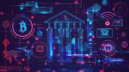 A digital illustration of a traditional bank building overlaid with cryptocurrency symbols and digital technology elements.