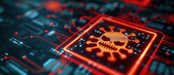 Cybersecurity warning with skull and crossbones on a circuit board.