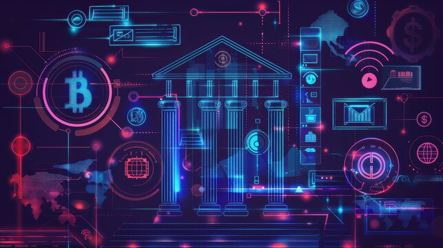 A digital illustration of a traditional bank building overlaid with cryptocurrency symbols and digital technology elements.