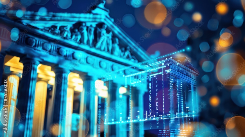 Poster a classic building with columns and intricate details is illuminated with a futuristic blue hologram