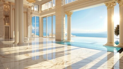 Fototapeta premium A luxurious hall with marble floors, columns, and an infinity pool overlooking the ocean, bathed in sunlight
