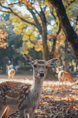 deer, standing in the middle ground at  autumn park