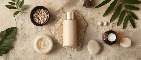 Natural skincare products on a beige background with green leaves.