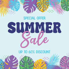 Design of a promotion poster with colourful exotic leaves. Summer Sale background. Vector illustration