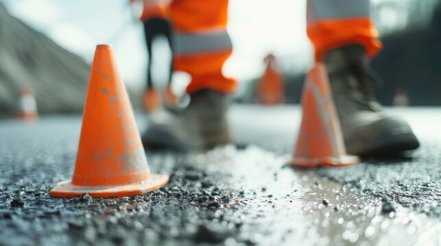 Orange traffic cones on a newly paved road with workers in the background.