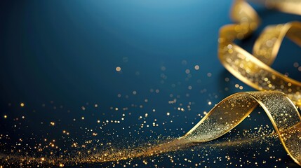 A gold sparkling ribbon winds across a deep blue background with scattered glitters giving a festive, elegant feel