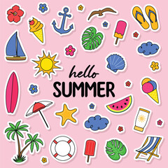 Collection of a hand drawn summer icons. Design of a stickers. Vector illustration