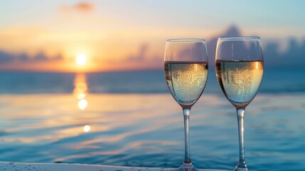 Obraz premium Two glasses of sparkling wine sit on the edge of a pool against a beautiful sunset over the ocean