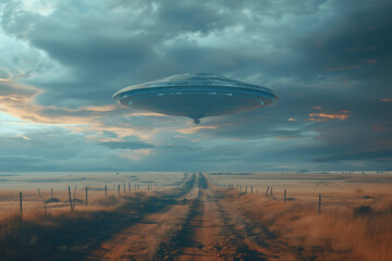 flying saucer alien spaceship in the sky over a farm field with a dirt road and cloudy sky. UFO 