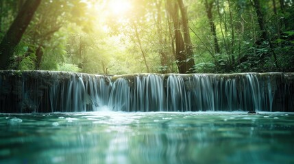 Fototapeta premium Defocused waterfall in lush green forest