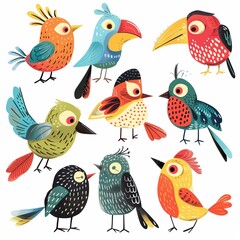 Fototapeta premium Cute Colorful Cartoon Birds Illustrations on White Background.