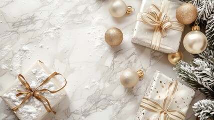 An overhead view of festive Christmas gifts wrapped in elegant paper with golden ribbons, alongside gold baubles and snowy pine branches on a marble background