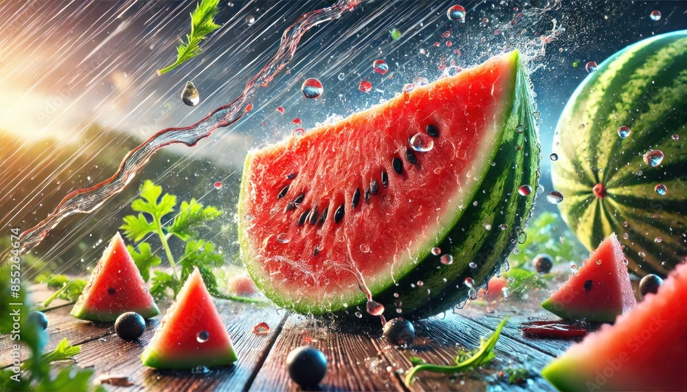 Wall mural Juicy Watermelon Slice with Splashing Water Droplets, AI-Generated Refreshing Summer Scene