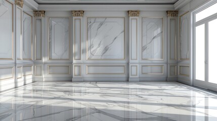 Fototapeta premium An elegant and spacious interior room featuring high ceilings, classical wall paneling, and reflective marble flooring