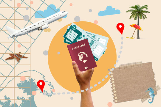 Mano sosteniendo un pasaporte y tickets a&eacute;reos. Collage  de vacaciones de verano. Vista de frente. Concepto: Viaje, turismo.