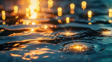 Golden bokeh lights dance on the rippled surface of water during a tranquil evening, evoking calmness and serenity