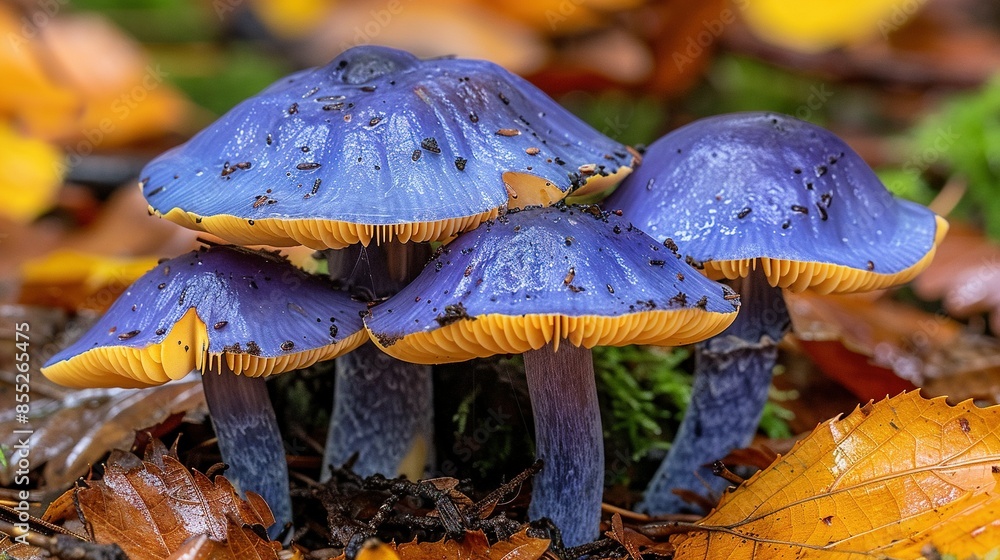 Sticker   Blue mushroom cluster resting atop green foliage on earth beside brown pile