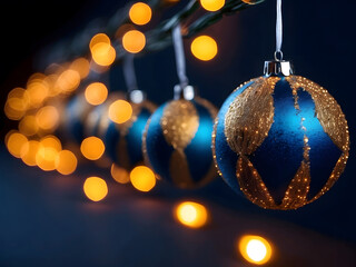 holiday illumination and decoration concept - Christmas garland bokeh lights over a dark blue background design
