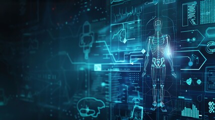 Fototapeta premium Hightech medical holograms on a dark background, with clear space for text, ideal for futuristic healthcare and digital health