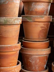 Obraz premium Stacked clay flower pots in a garden centre, ready for planting. Suitable for gardening and horticulture themes.