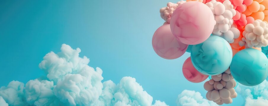 Colorful balloons floating in a blue sky with white clouds.