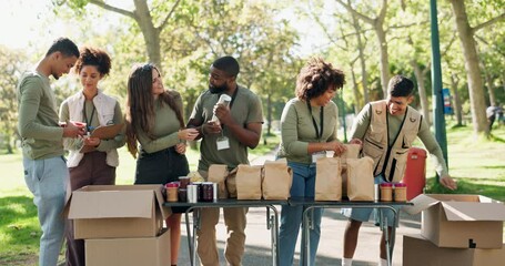 Volunteer, people and food donation box in park for lunch, bags and community service with non profit. Teamwork, happy and project at NGO and social responsibility charity with groceries outdoor