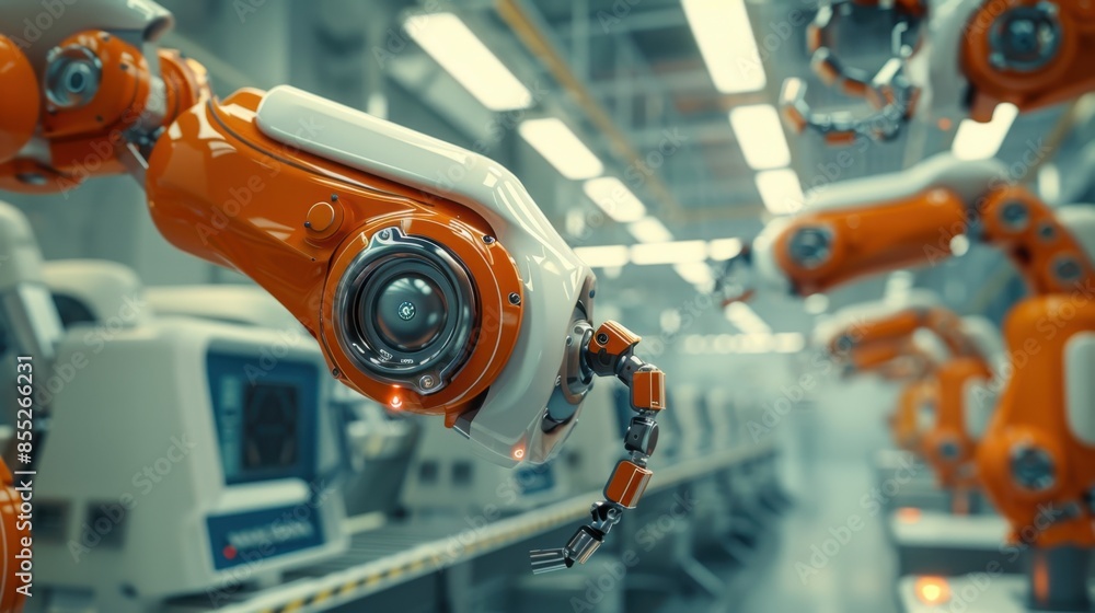 Poster an orange and white industrial robotic arm with a close-up view in a factory setting, highlighting i